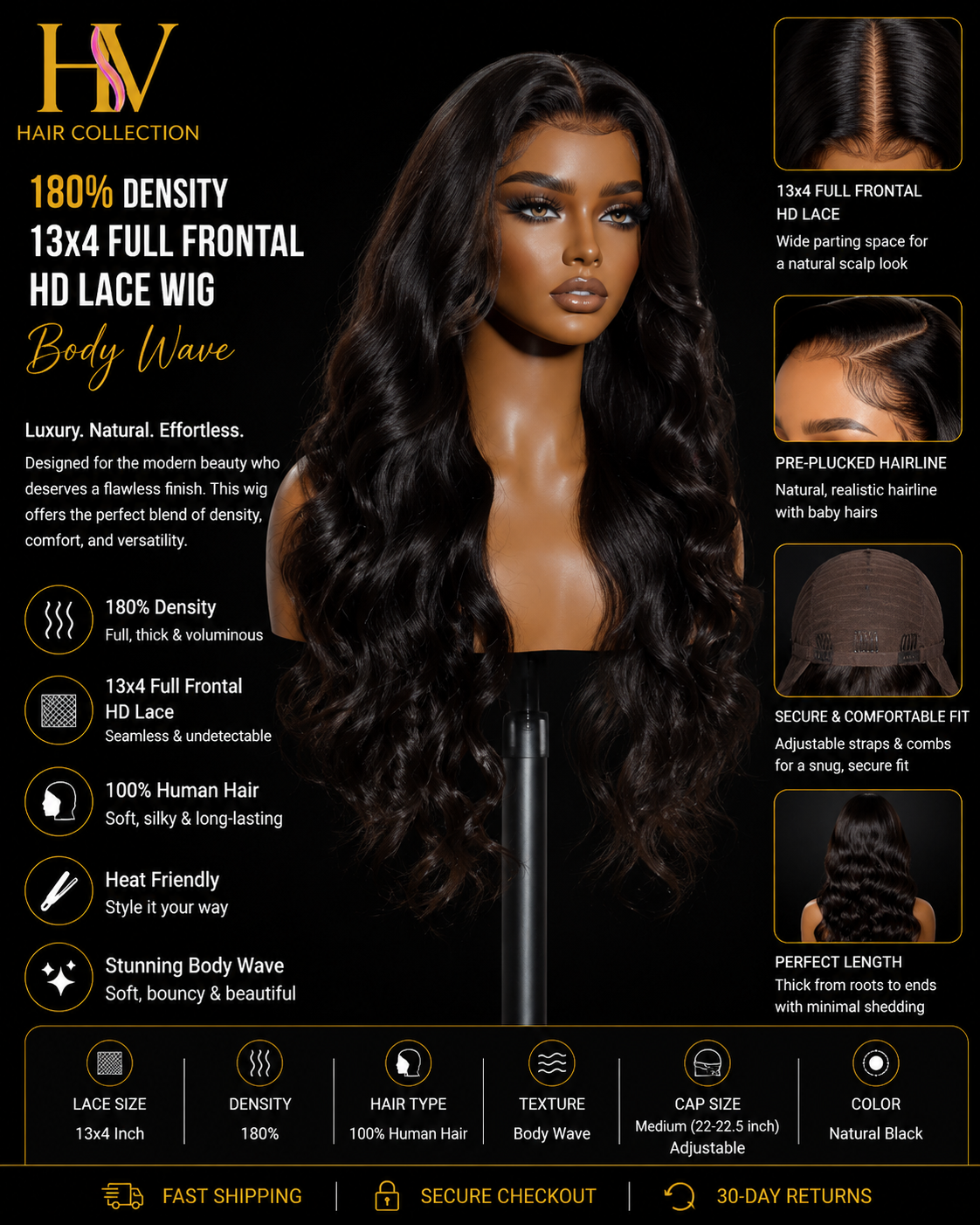 180% Density 13x4 Full Frontal HD Lace Wig Body Wave