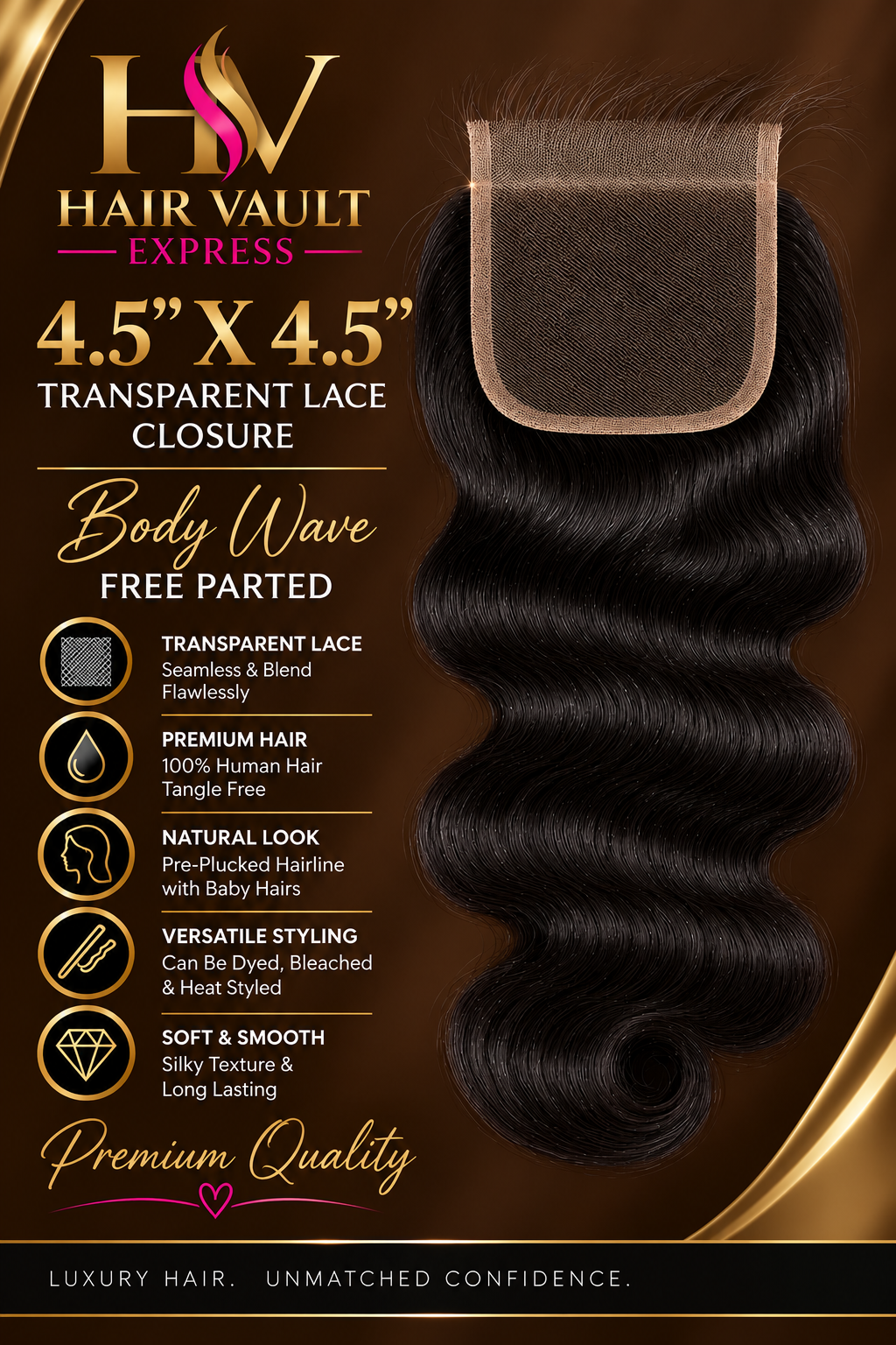 4.5" x 4.5" Transparent Lace Closure Body Wave Free Parted