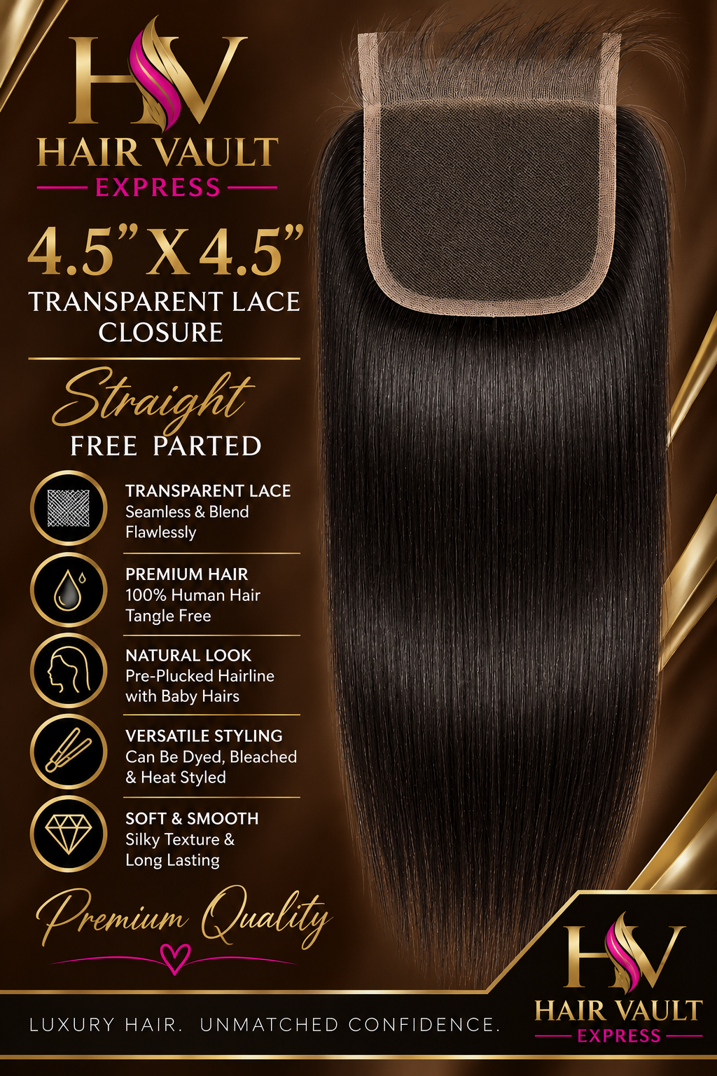 4.5" x 4.5" Transparent Lace Closure Straight Free Parted