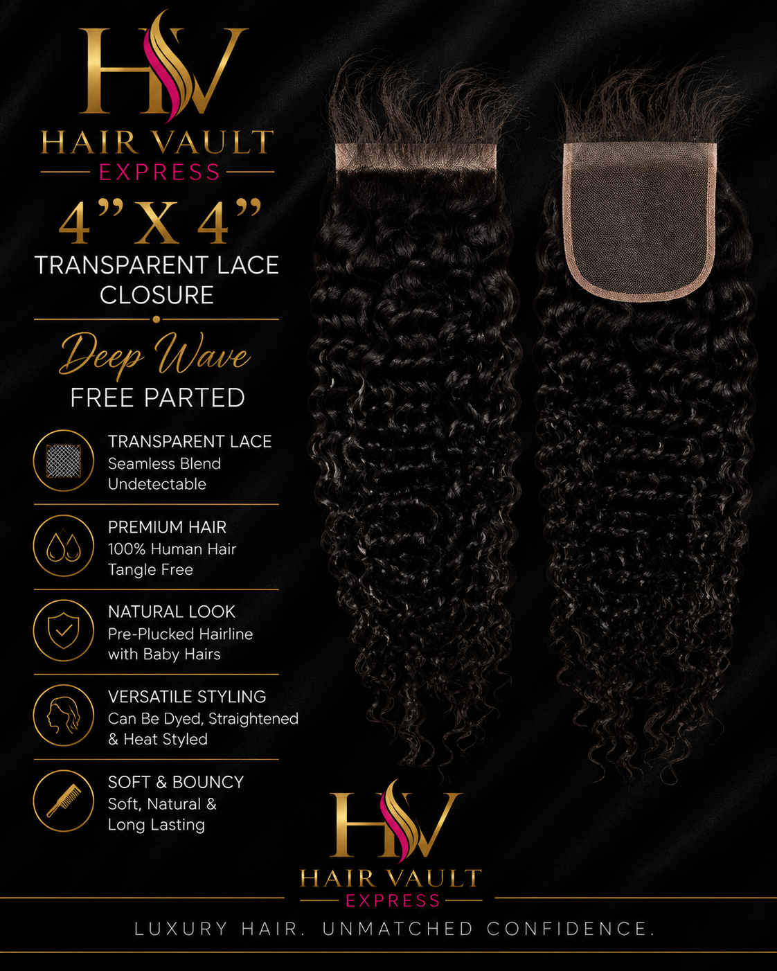 4" x 4" Transparent Lace Closure Deep Wave Free Parted