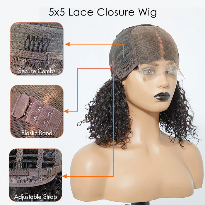 5x5 Transparent Lace Closure Bob Glueless Wig 150% Density Water Wave