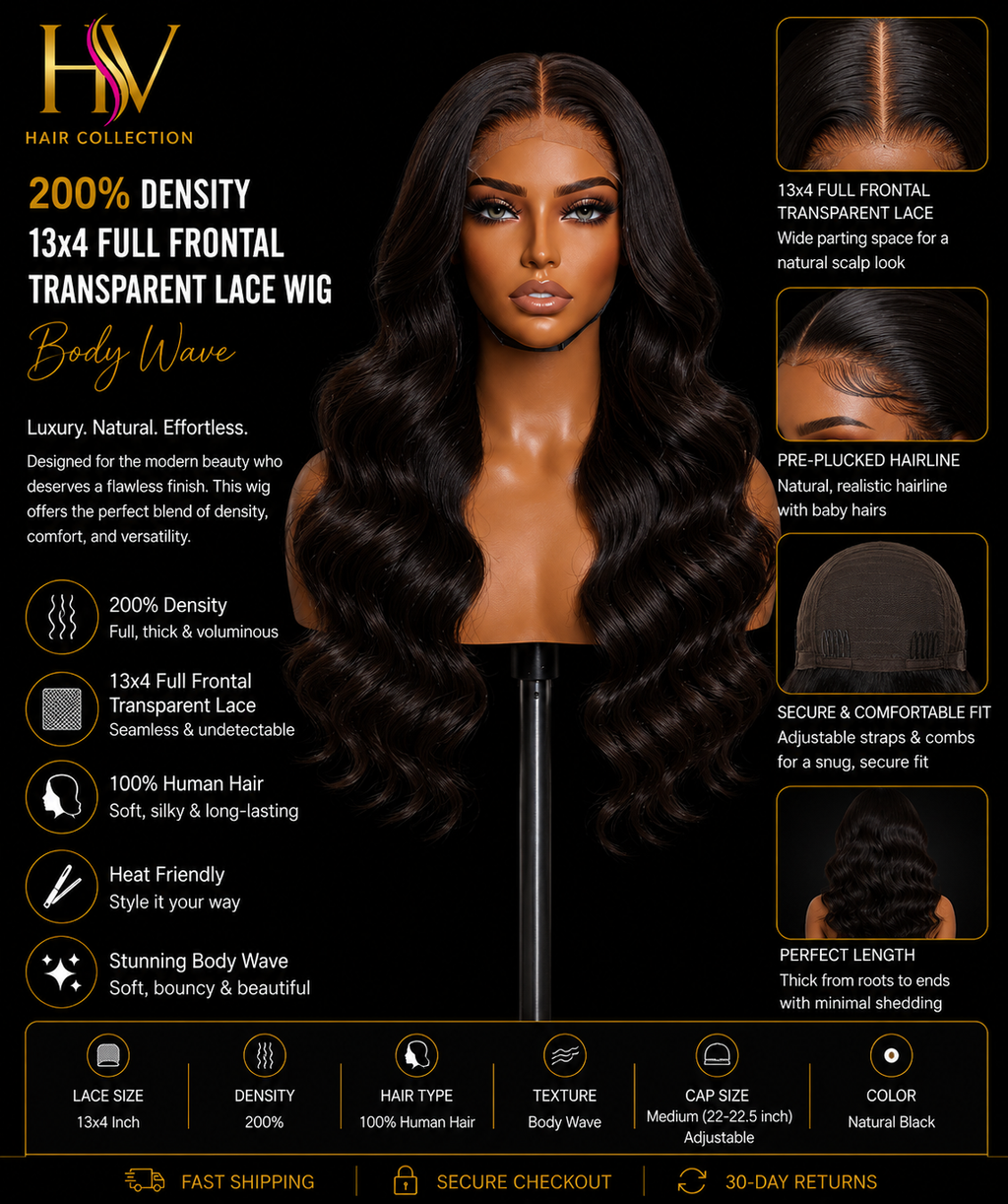 200% Density 13x4 Full Frontal Transparent Lace Wig Body Wave