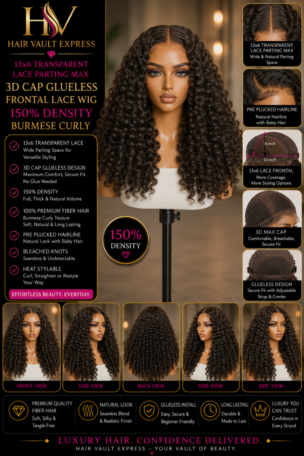 13x6 Transparency 3D Cap Glueless Pre-Bleached Frontal Lace Wig 150% Density Burmese Curly
