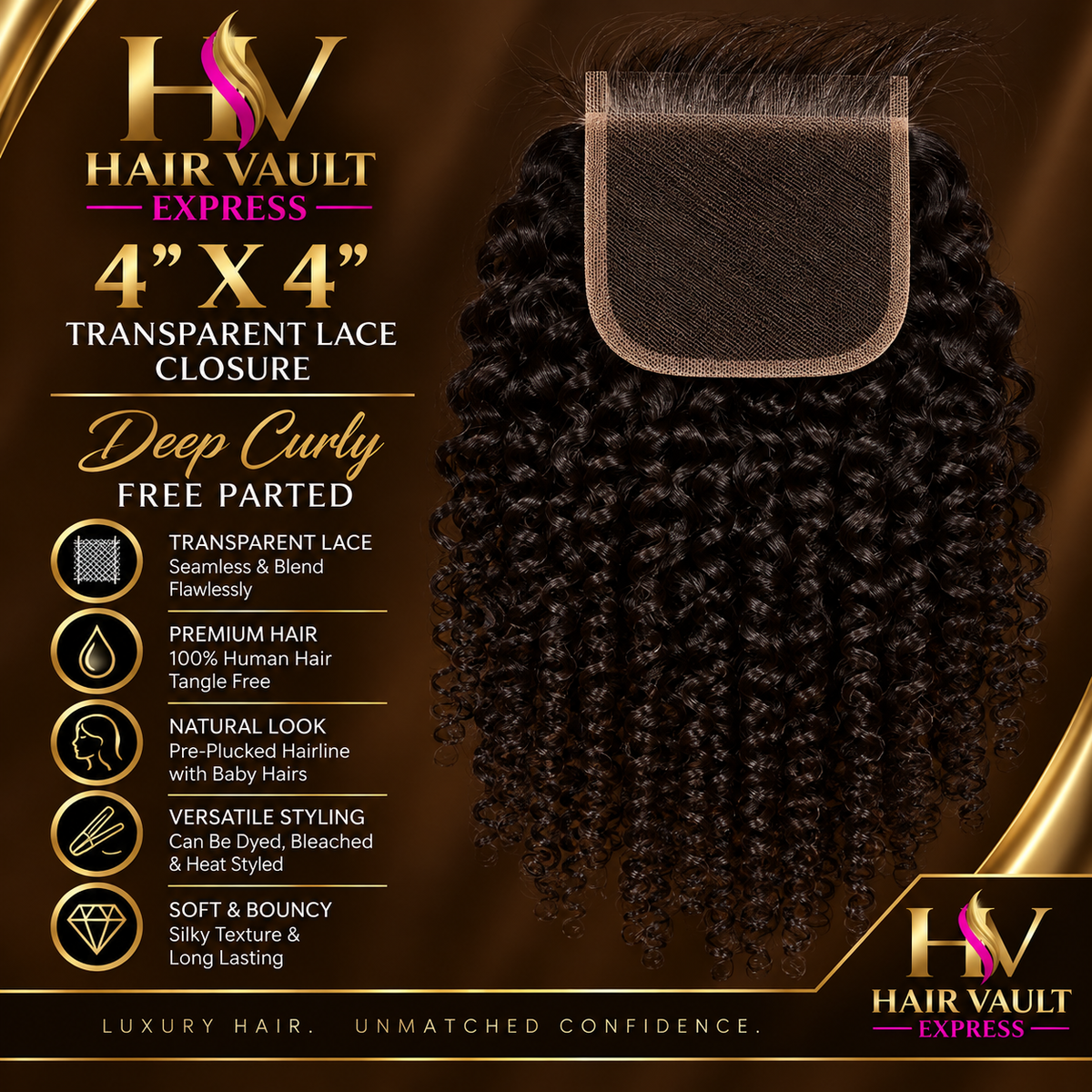 4" x 4" Transparent Lace Closure Deep Curly Free Parted