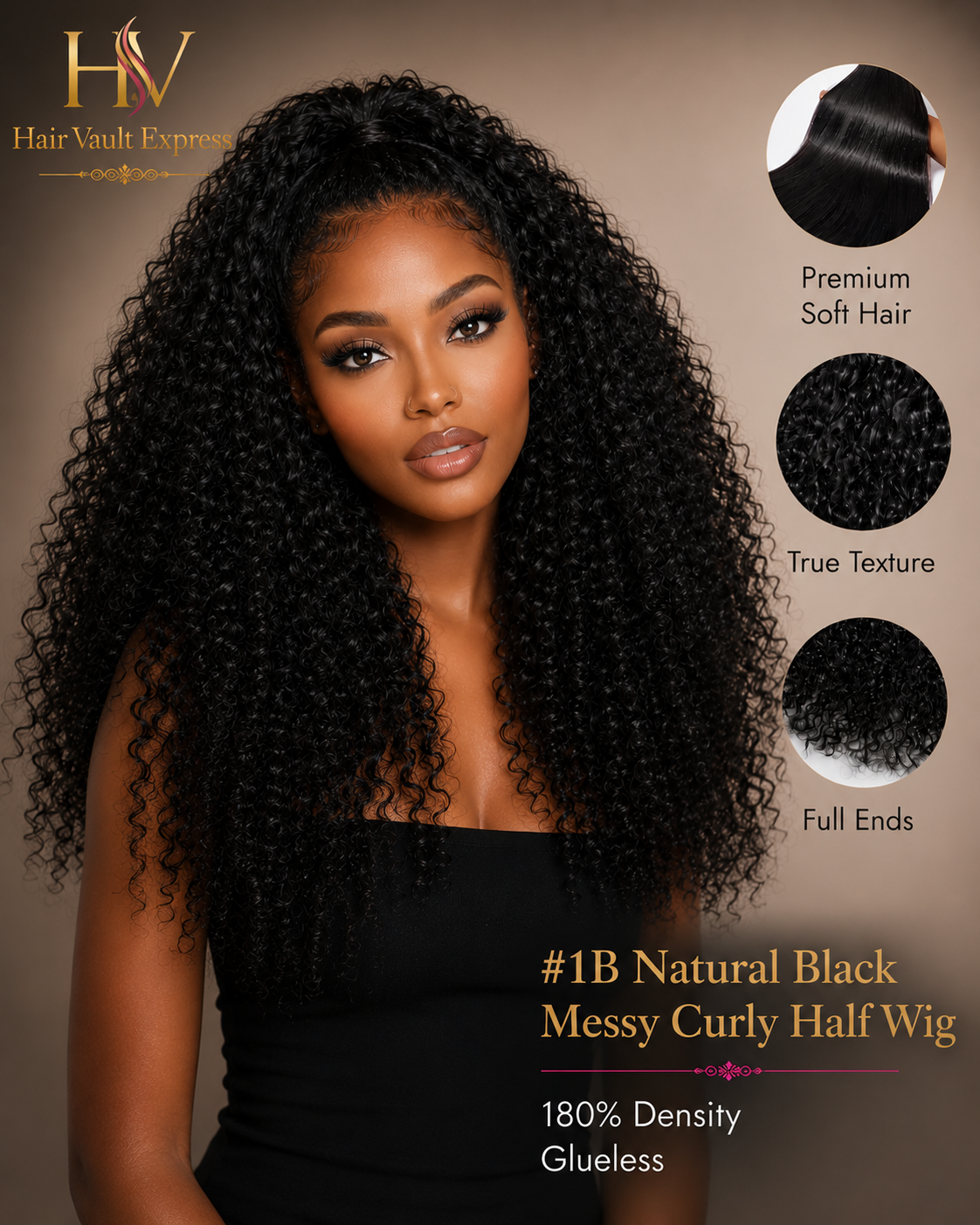 #1B Natural Black Messy Curly Half Wig 180% Density Glueless