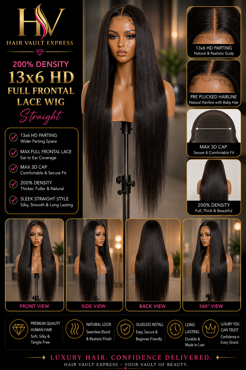 200% Density 13x6 HD Full Frontal Lace Wig Straight