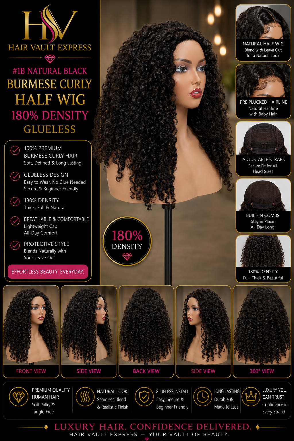 #1B Natural Black Burmese Curly Half Wig 180% Density Glueless