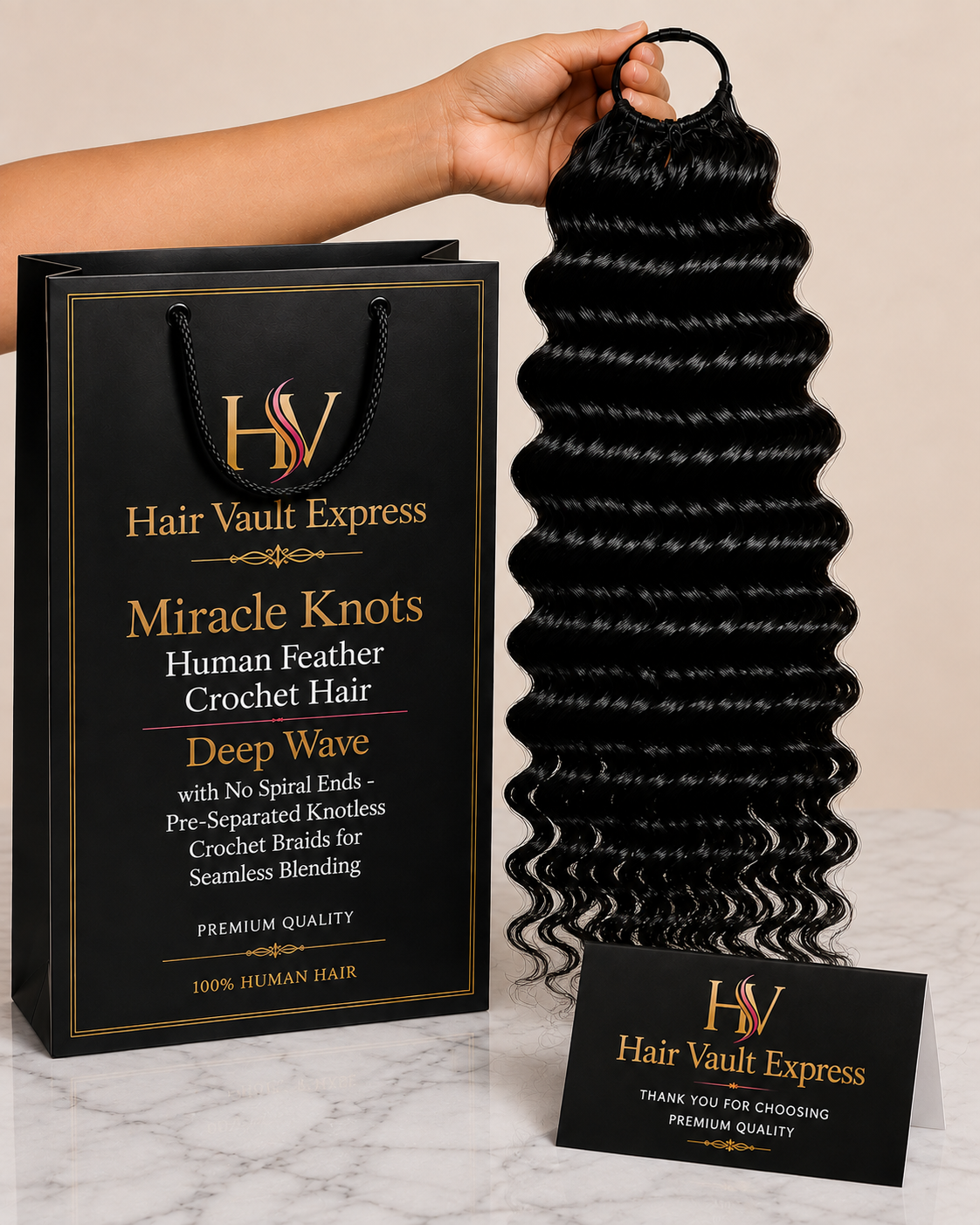 Miracle Knots Human Feather Crochet Hair Deep Wave with No Spiral Ends - Pre-Separated Knotless Crochet Braids for Seamless Blending