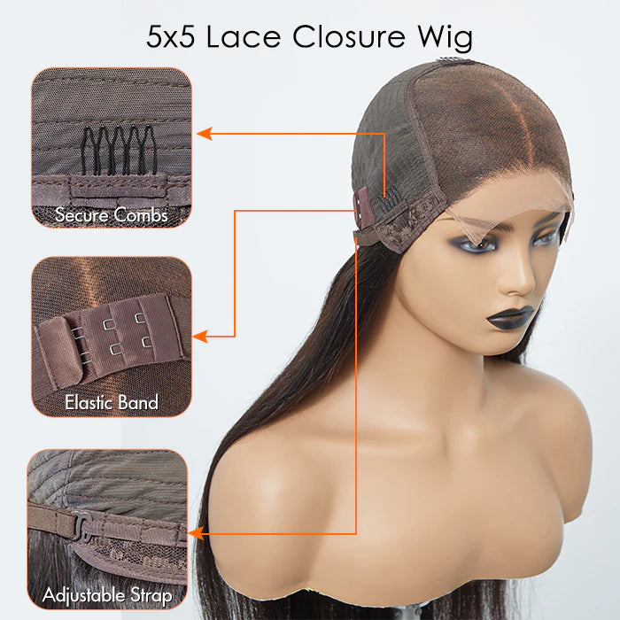 180% Density 5x5 Transparent Lace Closure Glueless Wig Straight