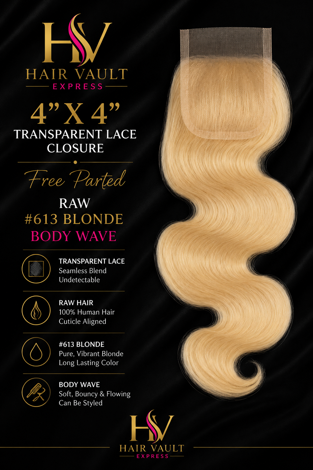 4" x 4" Transparent Lace Free Parted Raw #613 Blonde Closure Body Wave