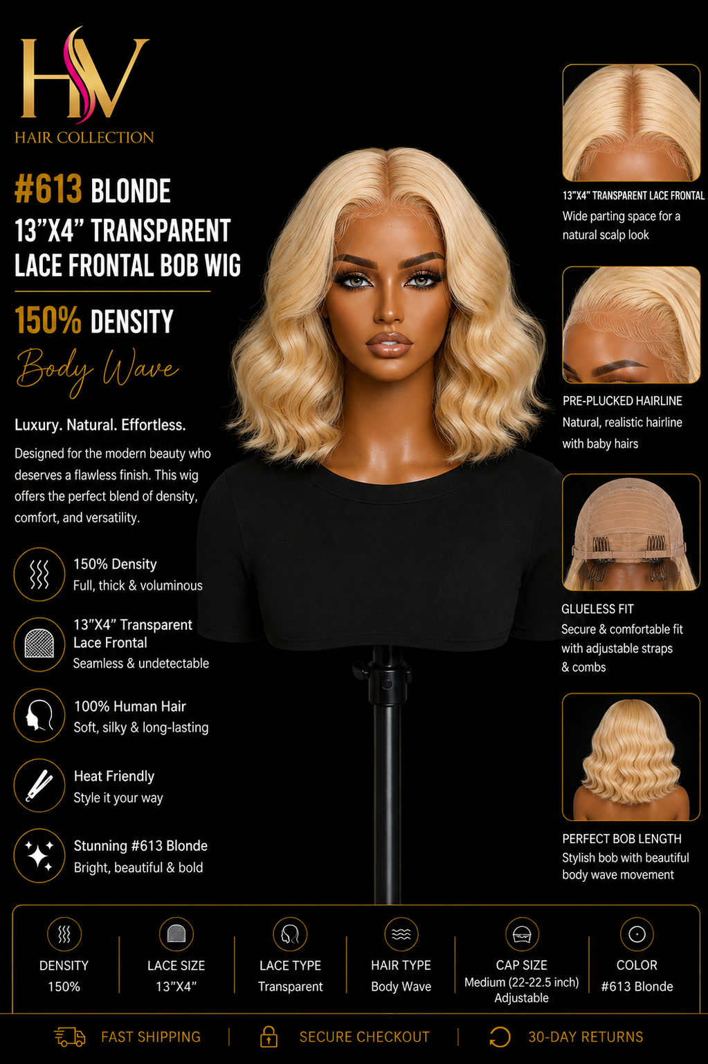 #613 Blonde 13"x4" Transparent Lace Frontal Bob Wig 150% Density Body Wave