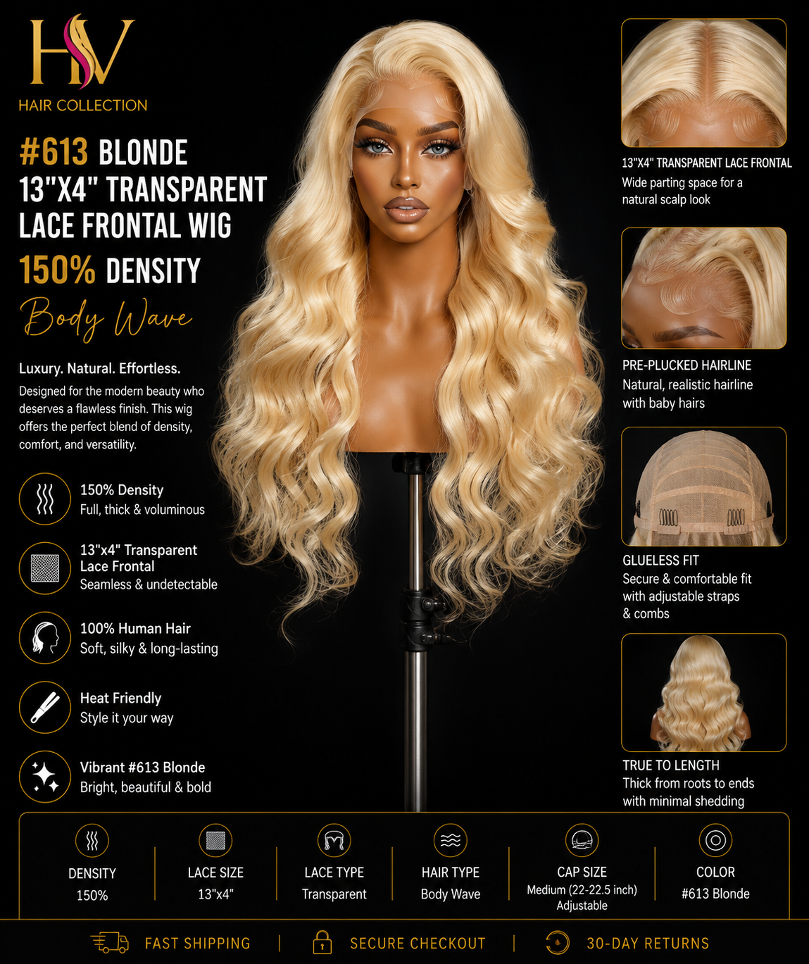 #613 Blonde 13"x4" Transparent Lace Frontal Wig 150% Density Body Wave
