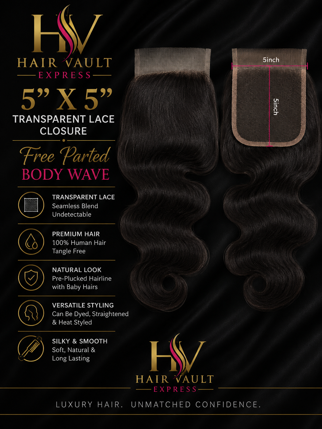 5" x 5" Transparent Lace Closure Free Parted Body Wavy