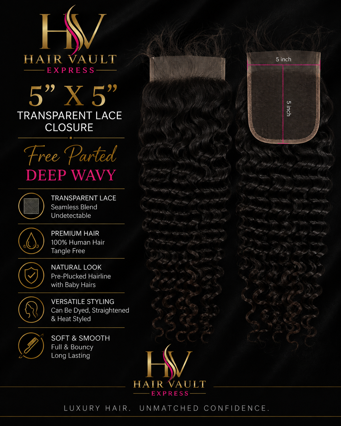 5" x 5" Transparent Lace Closure Free Parted Deep Wavy