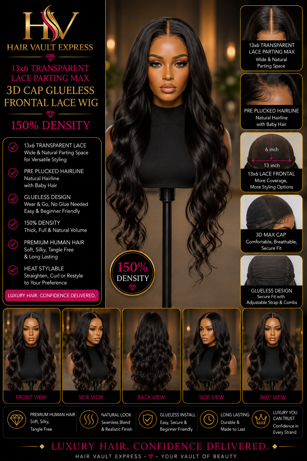 13x6 Transparent Lace Parting Max 3D Cap Glueless Frontal Lace Wig 150% Density Deep Wave