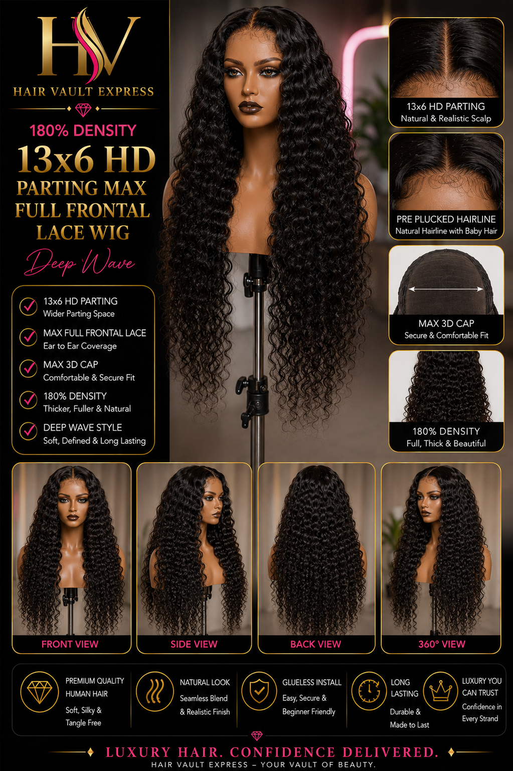 180% Density 13x6 HD Parting Max Full Frontal Lace Wig Deep Wave
