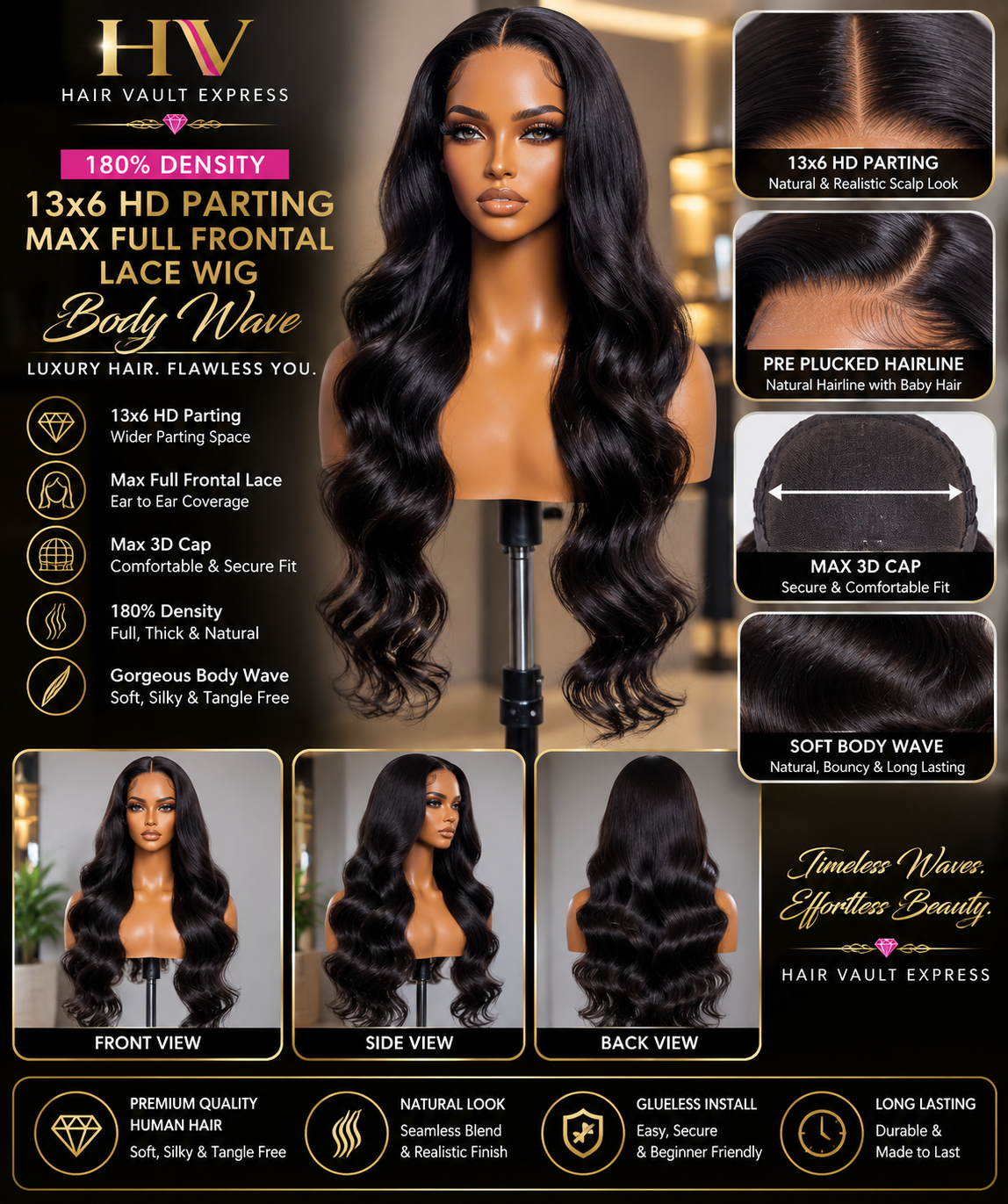 180% Density 13x6 HD Parting Max Full Frontal Lace Wig Body Wave