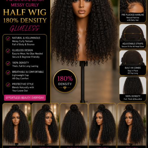 #1B Natural Black Messy Curly Half Wig 180% Density Glueless