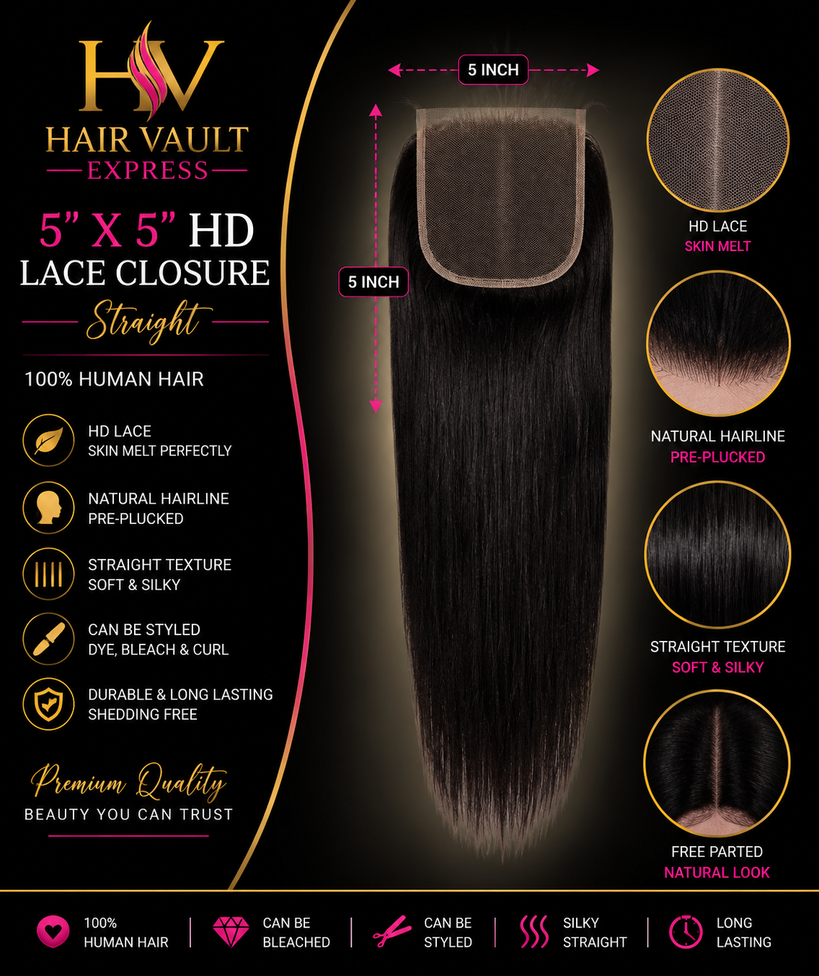 5" x 5" HD Lace Closure Free Parted Straight