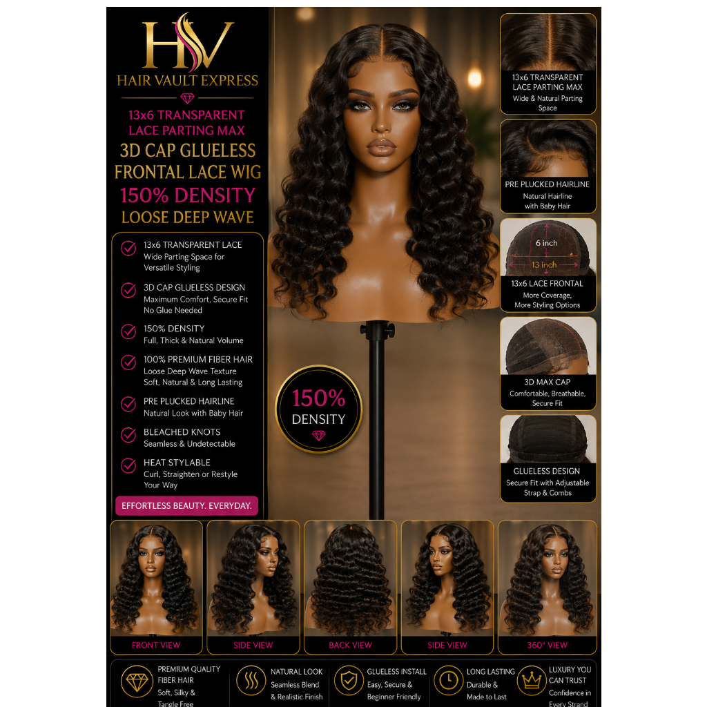 13x6 Transparent Pre-bleached Max 3D Cap Glueless Frontal Lace Wig 150% Density Loose Deep Wave
