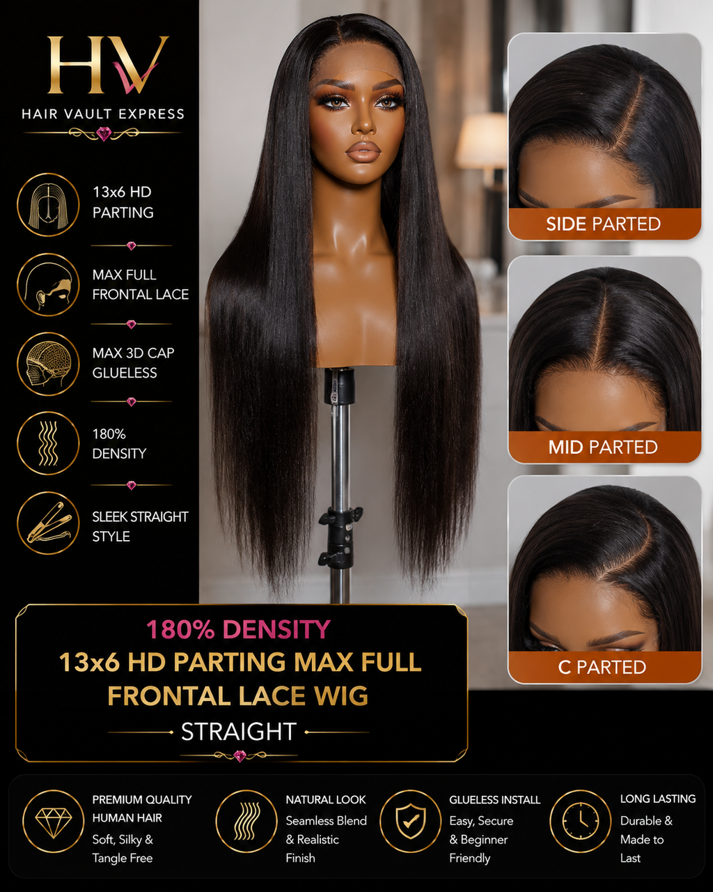 180% Density 13x6 HD Parting Max Full Frontal Lace Wig Straight