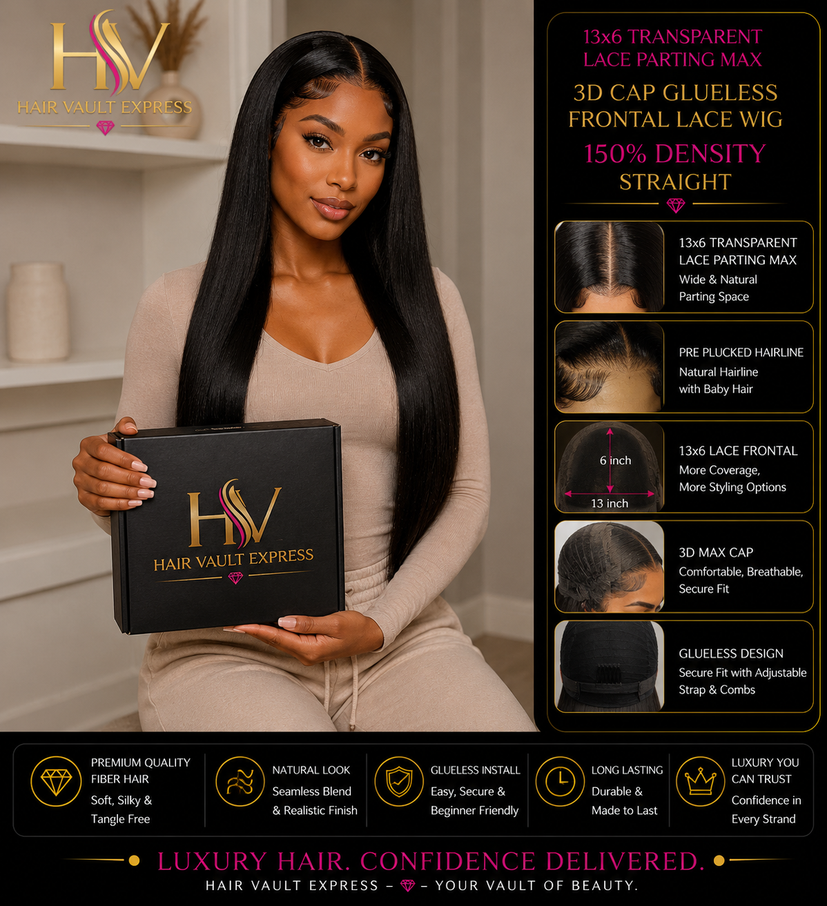 13x6 Lace Parting Max 3D Cap Glueless Frontal Lace Wig 150% Density Straight