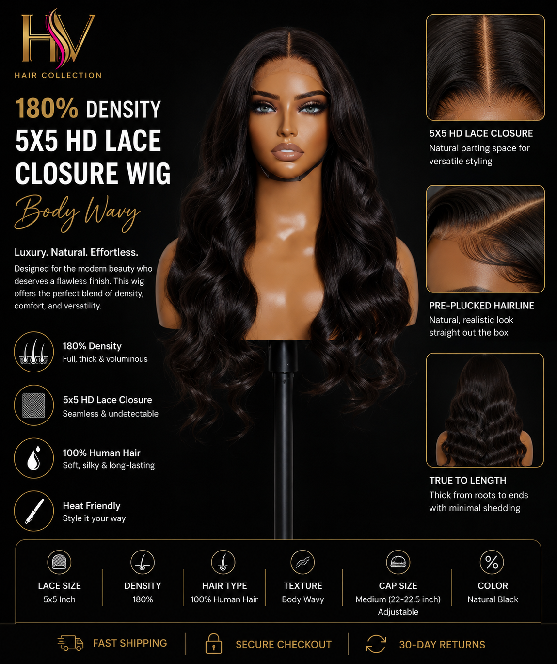 180% Density 5x5 HD Lace Closure Wig Body Wavy