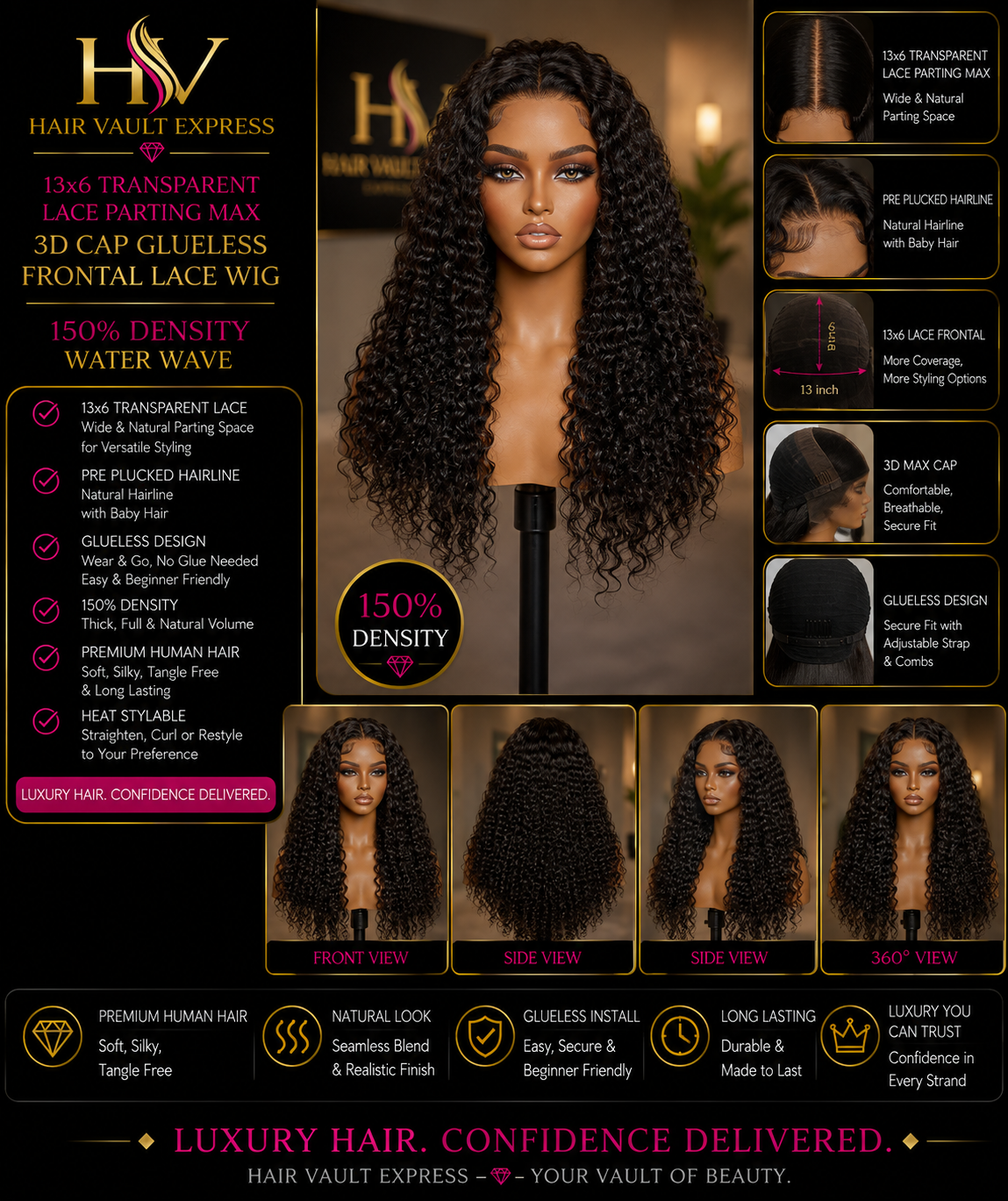 13x6 Transparent Lace Parting Max 3D Cap Glueless Frontal Lace Wig 150% Density Water Wave