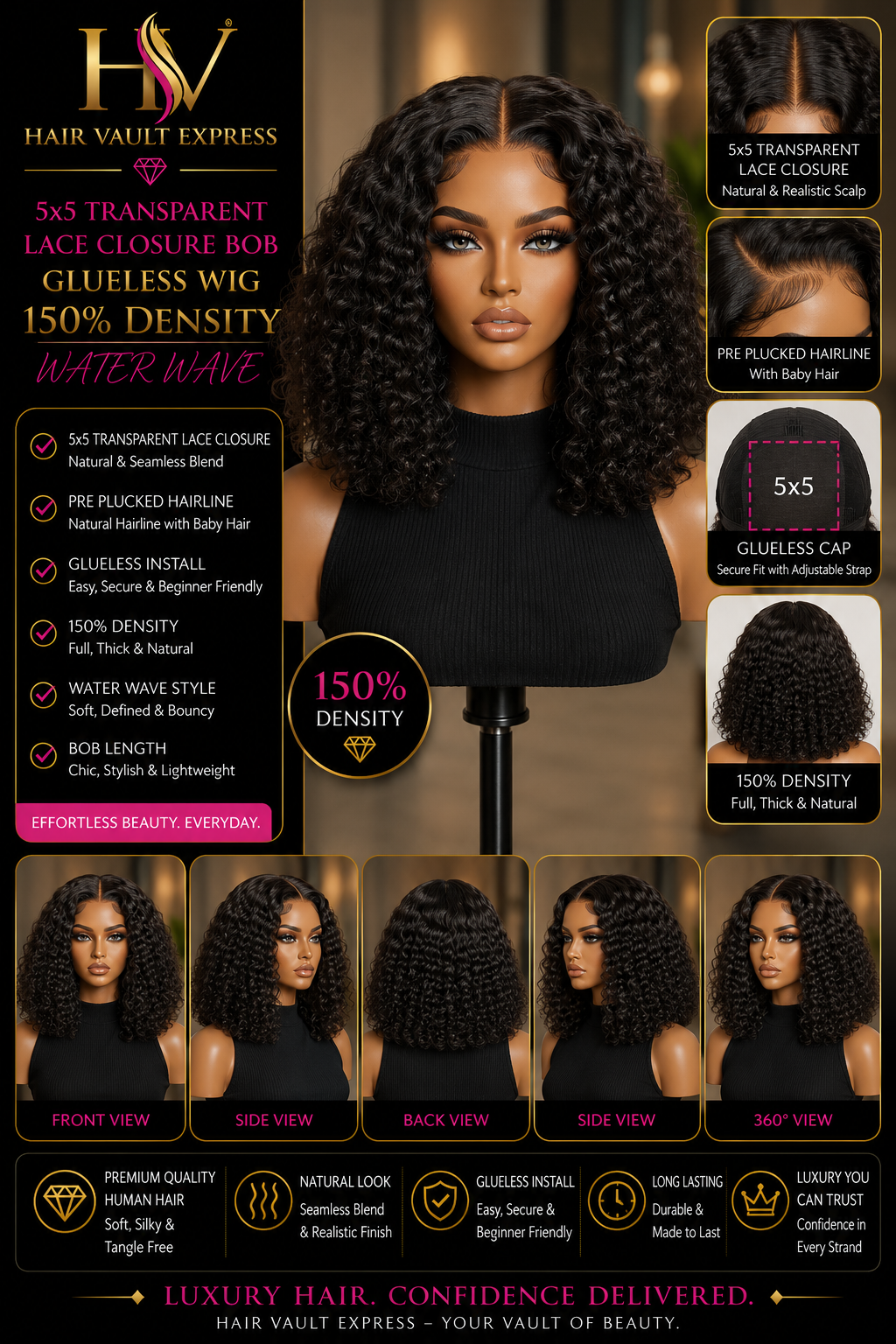 5x5 Transparent Lace Closure Bob Glueless Wig 150% Density Water Wave