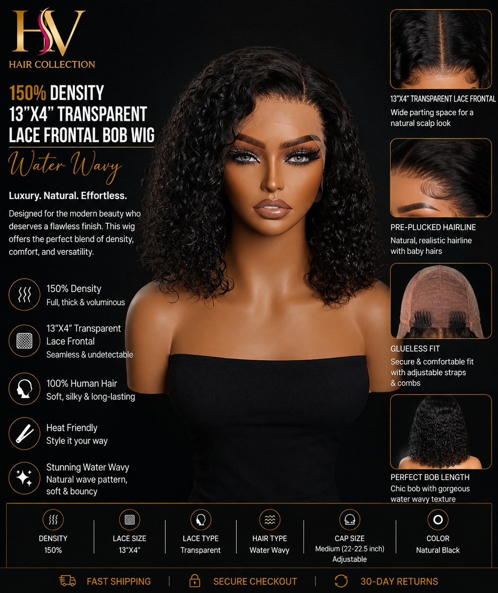 150% Density 13"x4" Transparent Lace Frontal Bob Wig Water Wavy