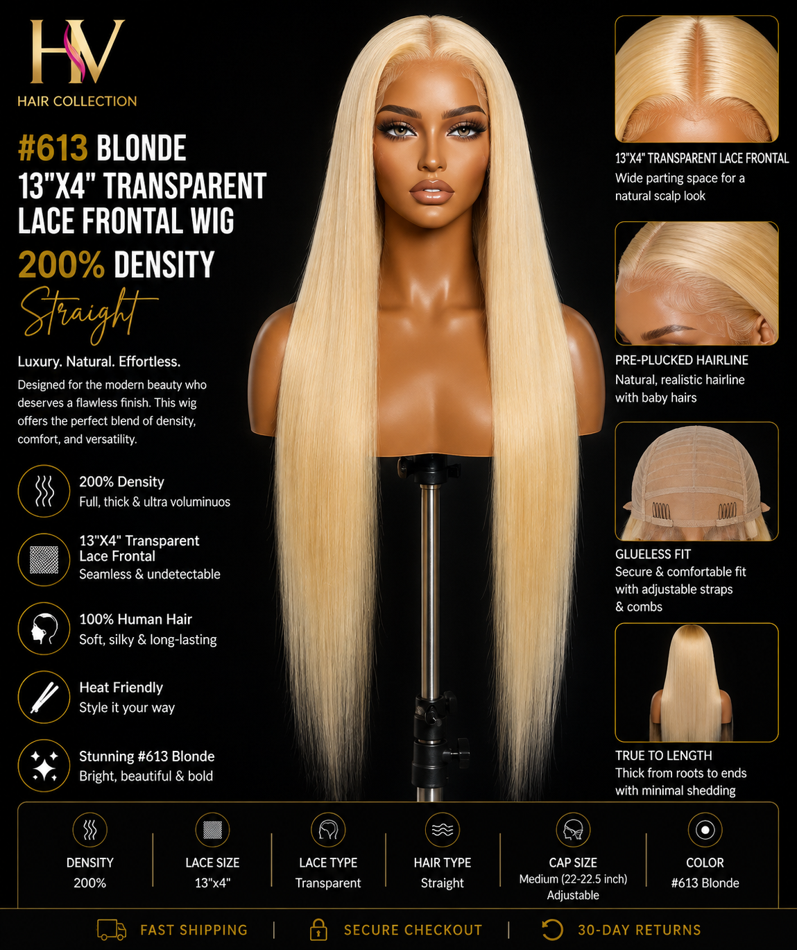 #613 Blonde 200% Density 13"x4" Transparent Lace Frontal Wig Straight